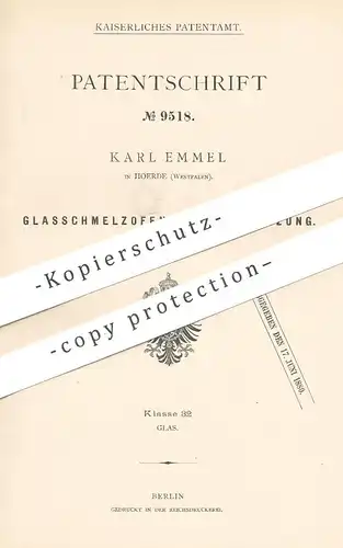 original Patent - Karl Emmel , Hoerde , Westfalen , 1879 , Glasschmelzofen mit Luftheizung | Glas - Schmelzofen | Ofen !