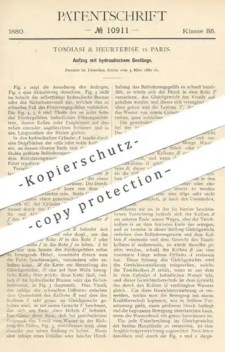 original Patent - Tommasi & Heurtebise , Paris , Frankreich , 1880 , Aufzug mit hydraulischem Gestänge | Fahrstuhl !!