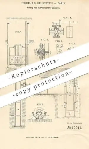 original Patent - Tommasi & Heurtebise , Paris , Frankreich , 1880 , Aufzug mit hydraulischem Gestänge | Fahrstuhl !!