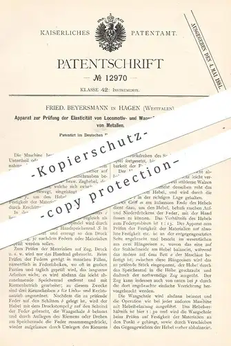 original Patent - Fried. Beyersmann , Hagen , Westfalen , 1880 , Prüfung der Elastizität von Lokomotiv- u. Wagenfeder !!