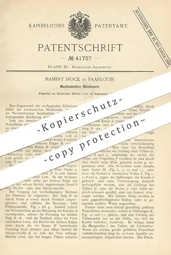 original Patent - Mamert Hock , Saarlouis / Saarbrücken , 1886 , Mechanisches Musikwerk | Musikinstrument , Musik !!!