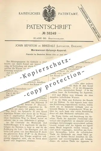 original Patent - John Sephton , Birkdale , Lancaster , England , 1886 , Warmwasser - Heizung | Kessel , Heizungen !!!