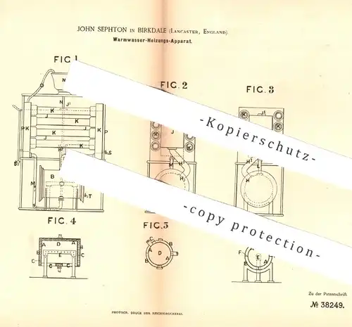 original Patent - John Sephton , Birkdale , Lancaster , England , 1886 , Warmwasser - Heizung | Kessel , Heizungen !!!