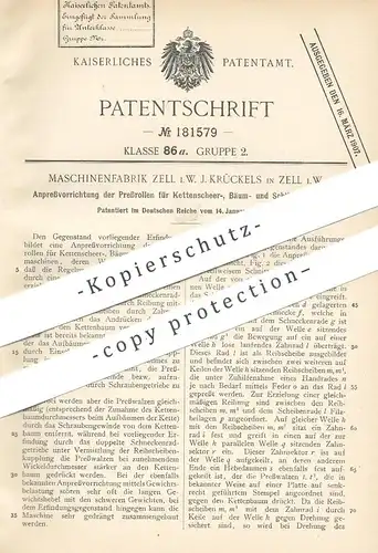 original Patent - Maschinenfabrik Zell J. Krückels , Zell , 1905 , Pressrollen für Kettenscheer- & Bäummaschine | Presse