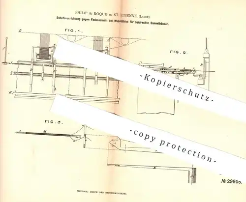 original Patent - Philip & Roque , St. Etienne , Loire , 1884 , Schutz am Webstuhl | Weben , Weber , Weberei | Samt !!!