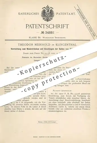 original Patent - Theodor Meinhold , Klingenthal , 1885 , Drücken u. Anschlagen der Saiten von Zitter | Musikinstrument