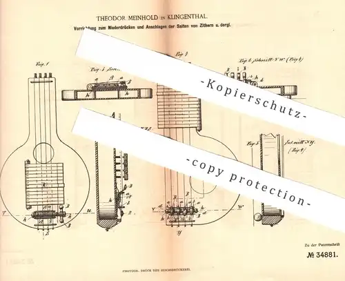 original Patent - Theodor Meinhold , Klingenthal , 1885 , Drücken u. Anschlagen der Saiten von Zitter | Musikinstrument