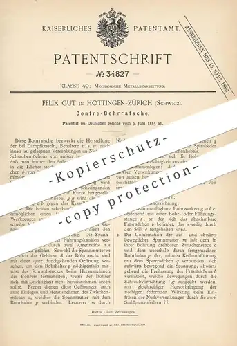 original Patent - Felix Gut , Hottingen / Zürich , Schweiz , 1885 , Contre - Bohrratsche | Bohrer , Ratsche , Werkzeug !
