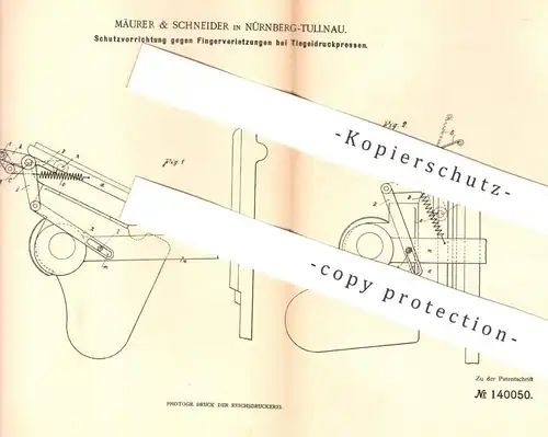 original Patent - Mäurer & Schneider , Nürnberg / Tullnau 1902 , Schutz an Tiegeldruckpresse | Druck - Presse | Pressen