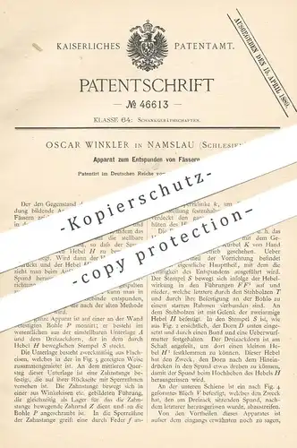 original Patent - Oscar Winkler , Namslau , Schlesien , 1888 , Fass Entspunden | Spund , Fässer | Bierfass , Holzfass !!