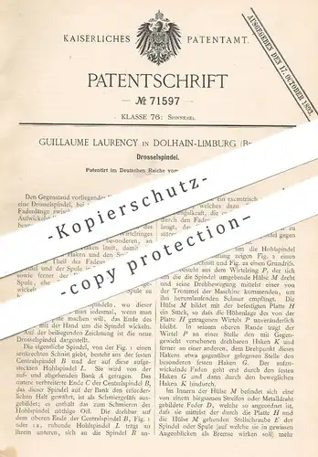 original Patent - Guillaume Laurency , Dolhain Limburg , Belgien , 1893 , Drosselspindel | Spindel , Spinnrad , Spinnen