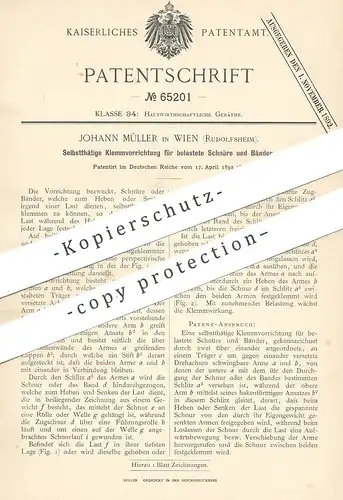 original Patent - Johann Müller , Wien / Rudolfsheim , Österreich , 1892 , Band o. Schnur festklemmen | Winde , Seilzug