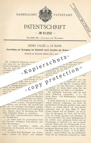 original Patent - Henri Vallée , Le Mans , Frankreich  1894 , Fahrrad - Druckluft - Bremse | Motor , Zweirad , Fahrräder