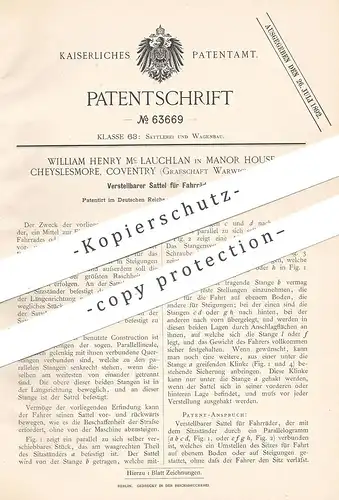 original Patent - William Henry Mc Lauchlan , Manor House , Cheyslesmore , Conventry , Warwick England | Fahrrad  Sattel