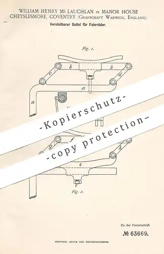 original Patent - William Henry Mc Lauchlan , Manor House , Cheyslesmore , Conventry , Warwick England | Fahrrad  Sattel