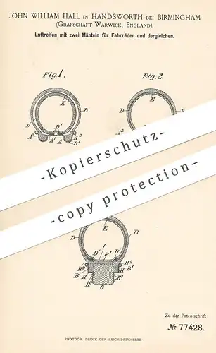 original Patent - John William Hall , Handsworth , Birmingham , Warwick , England , 1894 , Fahrrad - Luftreifen | Reifen