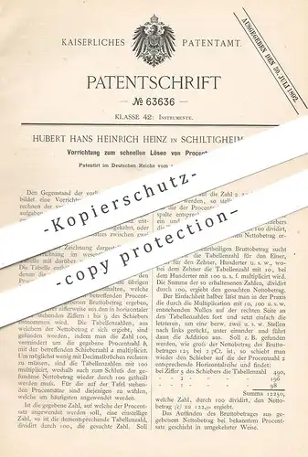 original Patent - Hubert Hans Heinrich Heinz , Schiltigheim / Elsass , 1891 , Lösen von Prozentrechnung | Mathematik !!!