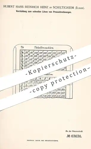 original Patent - Hubert Hans Heinrich Heinz , Schiltigheim / Elsass , 1891 , Lösen von Prozentrechnung | Mathematik !!!