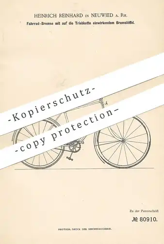 original Patent - Heinrich Reinhard , Neuwied / Rhein , 1894 , Fahrrad - Bremse | Fahrräder , Bremsen | Kettenrad !!