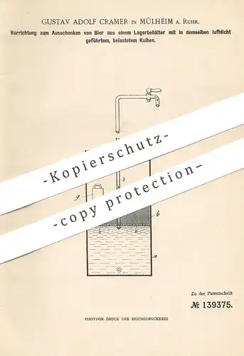 original Patent - Gustav Adolf Cramer , Mülheim / Ruhr , 1901 , Bier - Zapfanlage | Ausschank , Bierfass !!!