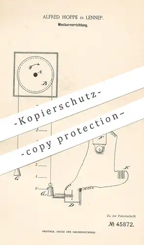 original Patent - Alfred Hoppe , Lennep / Remscheid | 1888 | Wecker | Uhrwerk , Uhr , Uhren | Uhrmacher !!!