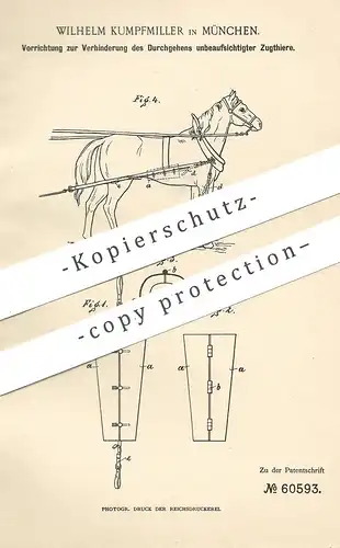 original Patent - Wilhelm Kumpfmiller , München , 1891 , Verhinderung des Durchgehens der Zugtiere , Pferd , Pferde !!!