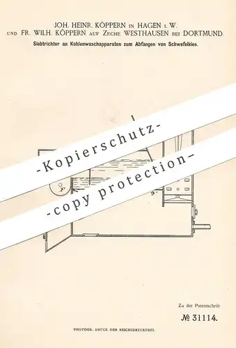 original Patent - Joh. Heinr. Köppern , Hagen | Fr. Wilh. Köppern auf Zeche Westhausen / Dortmund | Siebtrichter | Kohle