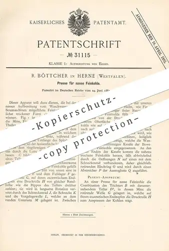 original Patent - R. Böttcher , Herne / Westfalen , 1884 , Presse für nasse Feinkohle | Kohle , Pressen , Brikett !!!