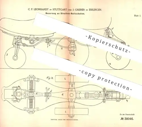 original Patent - C. F. Leonhardt , Stuttgart , J. Greiner , Esslingen , 1886 , Straßen - Rollschuhe | Rollschuh | Sport