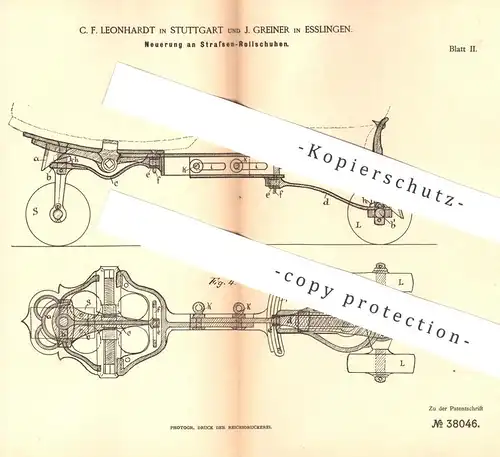 original Patent - C. F. Leonhardt , Stuttgart , J. Greiner , Esslingen , 1886 , Straßen - Rollschuhe | Rollschuh | Sport