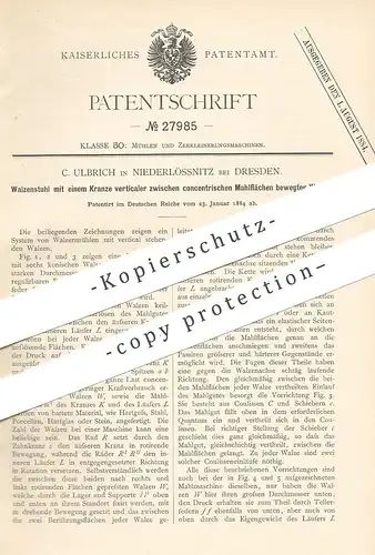 original Patent - C. Ulbrich , Dresden / Niederlössnitz , 1884 , Walzenstuhl | Walze , Walzwerk , Mühle , Mühlen !!!