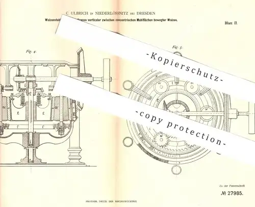 original Patent - C. Ulbrich , Dresden / Niederlössnitz , 1884 , Walzenstuhl | Walze , Walzwerk , Mühle , Mühlen !!!