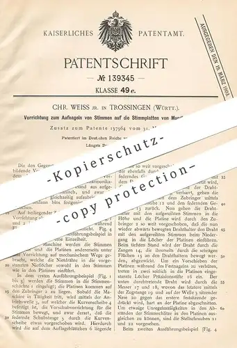 original Patent - Chr. Weiss , Trossingen , 1901 , Stimmplatten der Mundharmonika | Harmonika | Musik , Musikinstrument