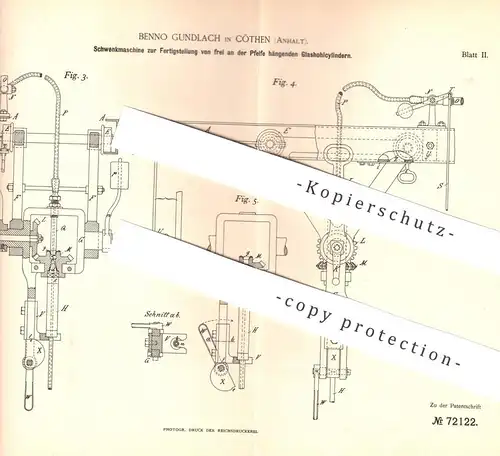 original Patent - Benno Gundlach , Köthen / Anhalt , 1893 , Schwenkmaschine f. Glas - Hohlzylinder | Glasbläser , Gläser