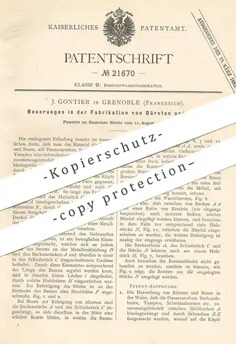 original Patent - J. Gontier , Grenoble , Frankreich , 1882 , Fabrikation von Bürsten u. Besen | Bürste , Bürstenmacher