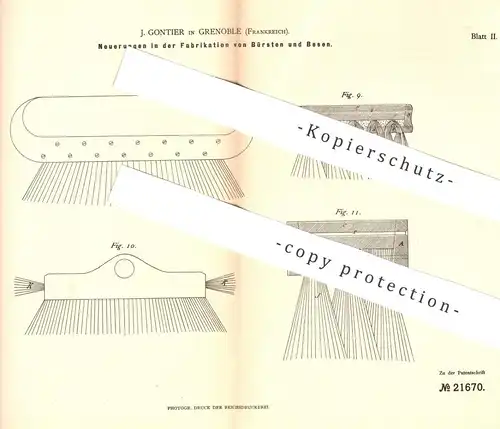 original Patent - J. Gontier , Grenoble , Frankreich , 1882 , Fabrikation von Bürsten u. Besen | Bürste , Bürstenmacher