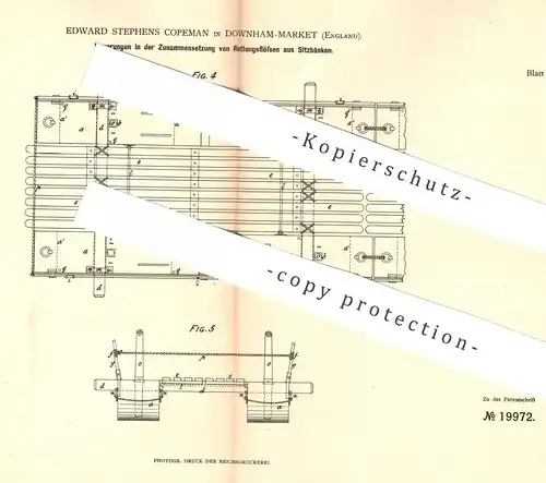original Patent - Edward Stephens Copeman , Downham Market , England , 1882 , Rettungsfloß aus Sitzbänken | Floss , Floß