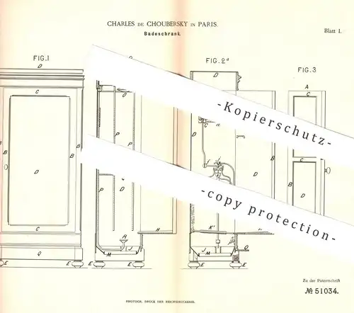 original Patent - Charles de Choubersky , Paris , Frankreich , 1889 , Badeschrank | Schrank | Dusche , Toilette , WC !!