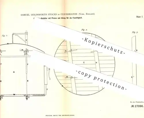 original Patent - Samuel Holdsworth Stocks , Cleckheaton , York , England , 1883 , Getreide - Behälter mit Presse !!!