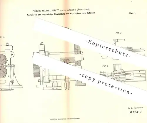 original Patent - Pierre Michel Sibut , Amiens , Frankreich  1884 , Herst. von Hufeisen | Huf , Eisen , Schmied , Metall