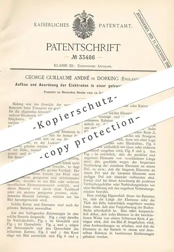original Patent - George Guillaume André , Dorking , England , 1884 , Elektroden in galvanischer Batterie | Akku , Strom