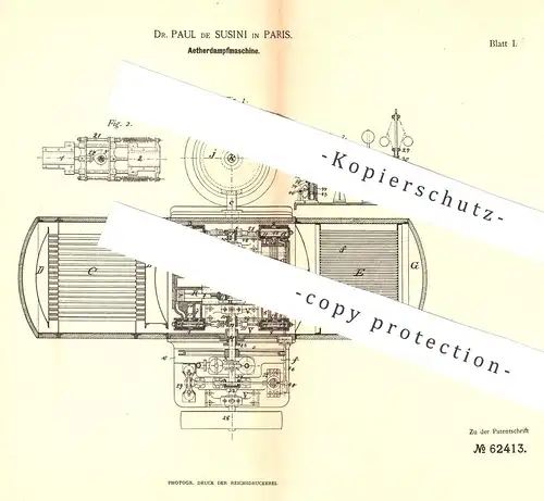 original Patent - Dr. Paul de Susini , Paris , Frankreich , 1891 , Aetherdampfmaschine | Aether - Dampfmaschine | Motor