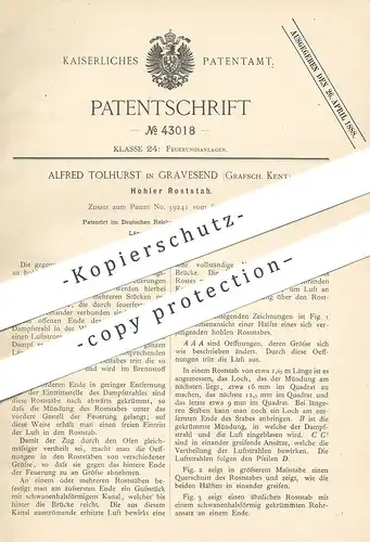 original Patent - Alfred Tolhurst , Gravesend , Kent , England , 1887 , Hohler Roststab | Rost , Ofenrost , Ofen , Öfen