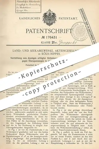 original Patent - Land- & Seekabelwerk AG Köln / Nippes , 1905 , Schutz vor Überspannung in elektr. Stromleitung | Strom