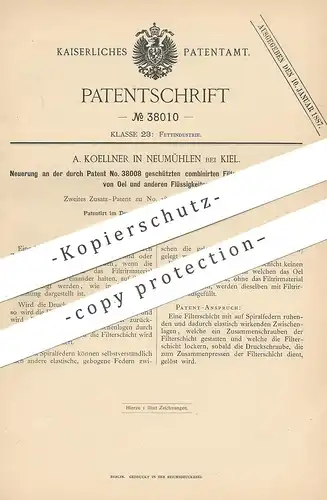 original Patent - A. Koellner , Neumühlen / Kiel , 1886 , Filterschicht zum Filtrieren von Öl | Filter , Filtern | Fett