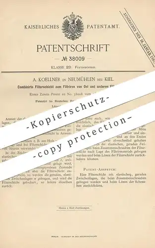 original Patent - A. Koellner , Neumühlen / Kiel , 1886 , Filterschicht zum Filtrieren von Öl | Filter , Filtern | Fett