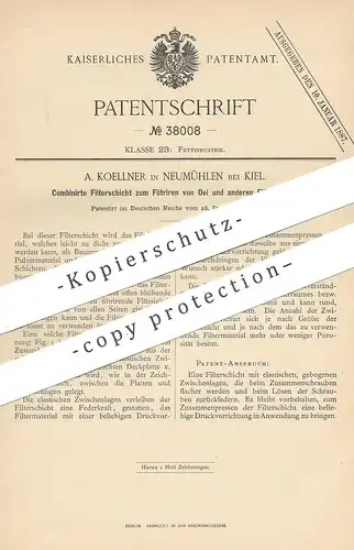 original Patent - A. Koellner , Neumühlen / Kiel , 1886 , Filterschicht zum Filtrieren von Öl | Filter , Filtern | Fett
