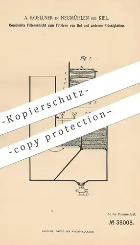 original Patent - A. Koellner , Neumühlen / Kiel , 1886 , Filterschicht zum Filtrieren von Öl | Filter , Filtern | Fett