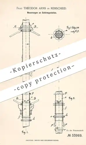 original Patent - Frau Theodor Arns , Remscheid , 1885 , Schirmgestell | Schirm - Gestell | Regenschirm , Sonnenschirm