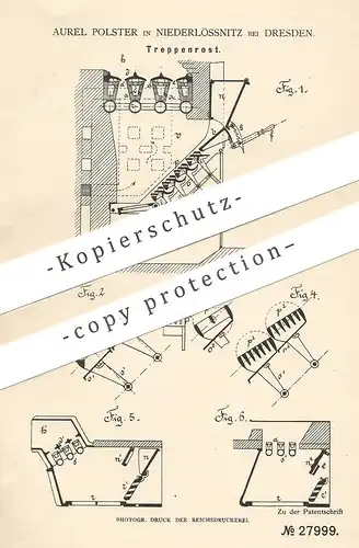 original Patent - Aurel Polster , Dresden / Niederlössnitz , 1883 , Treppenrost | Rost , Ofenrost | Ofen , Feuerung !!